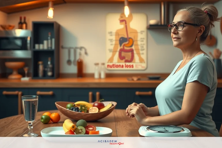 Can You Get Drunk After Gastric Sleeve? An illustrated depiction of a woman sitting at a kitchen table with plates of food in front of her. She appears to be considering something, possibly her meal options. The setting suggests a homey atmosphere with various kitchen utensils and a bowl of fruit nearby.