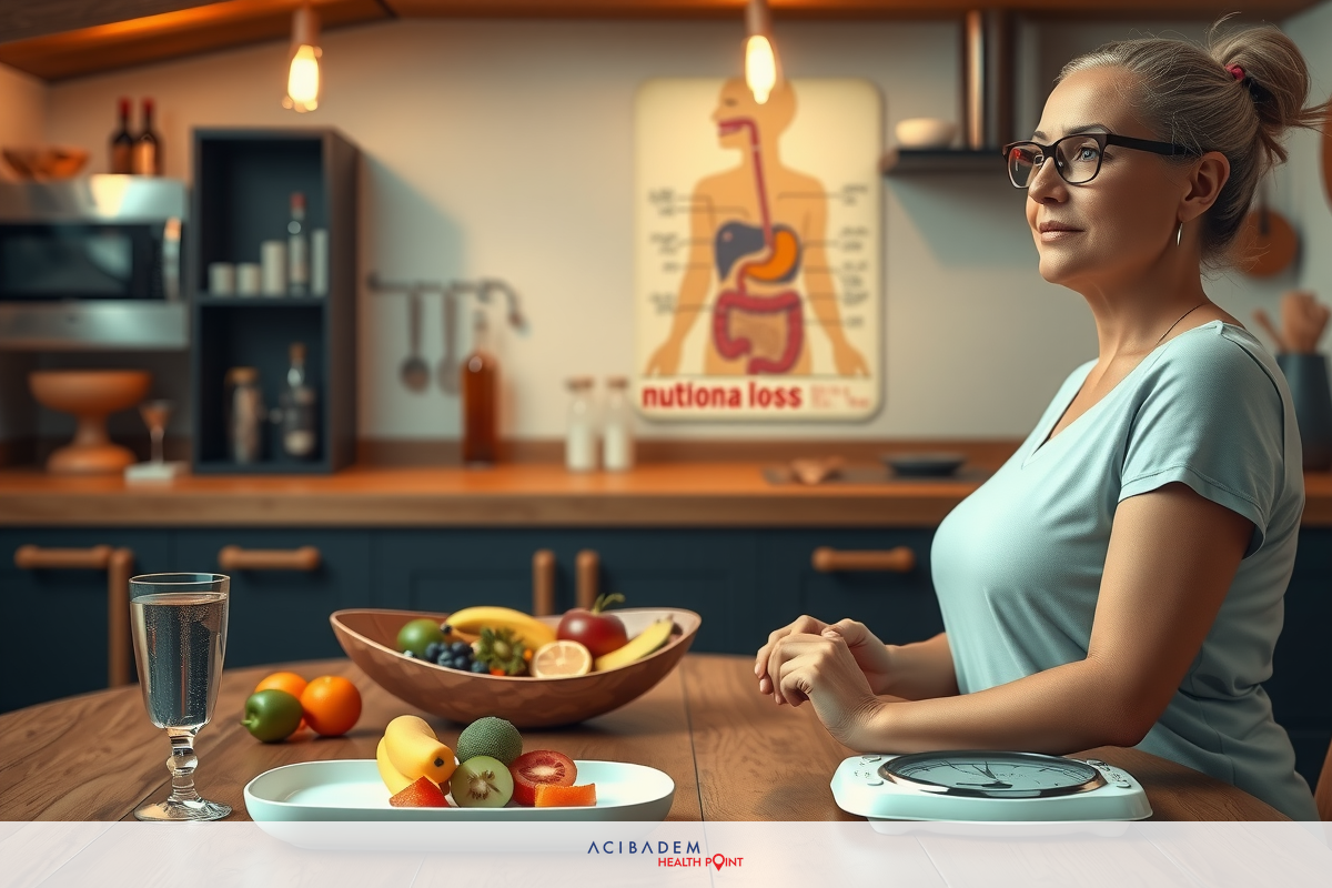 An illustrated depiction of a woman sitting at a kitchen table with plates of food in front of her. She appears to be considering something, possibly her meal options. The setting suggests a homey atmosphere with various kitchen utensils and a bowl of fruit nearby.