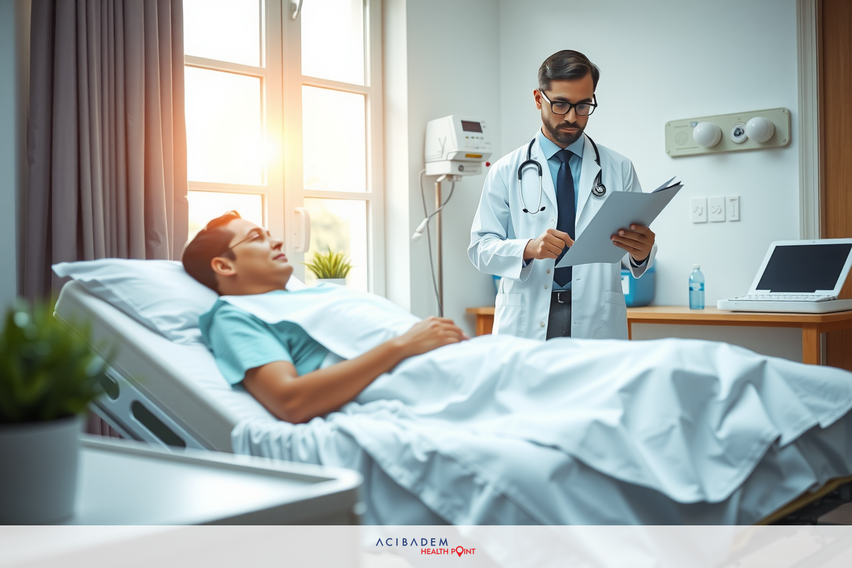 A medical doctor examining a patient in a hospital room. The doctor is reviewing medical documents, while the patient lies on a hospital bed with white linens. There are medical equipment and a laptop on a table near the bed.