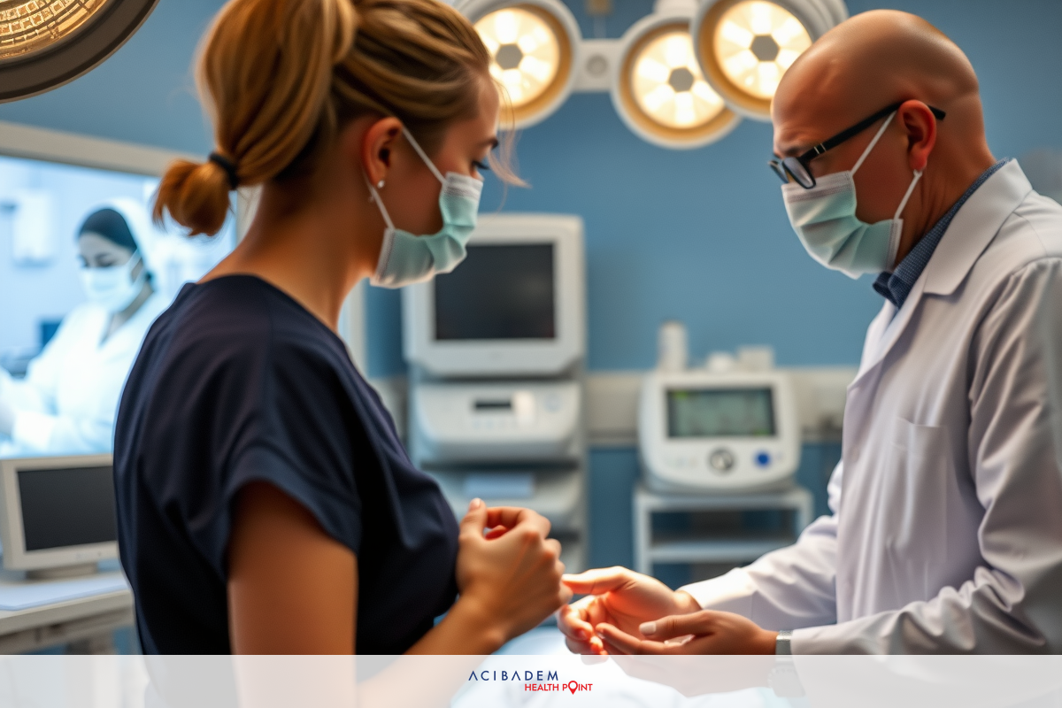 A medical setting with a doctor and nurse. They are wearing masks. The environment is clinical and equipped with medical devices.
