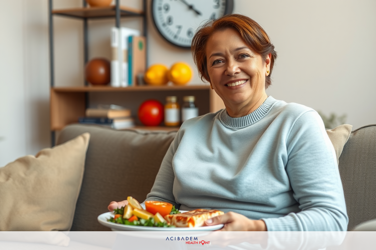 An older woman sits on a couch holding a plate with vegetables, smiling and enjoying her meal in a cozy home environment.