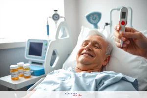 The image shows a medical setting where an elderly person is laying in a hospital bed, hooked up to various pieces of equipment. The environment suggests that this could be a hospital ward or a nursing home.