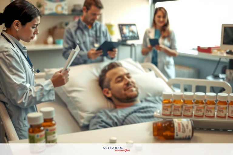 In a well-lit hospital room, medical professionals are attending to a patient lying on a bed. There is a bottle of medicine and various papers on the table beside the bed, indicating an ongoing medical treatment or consultation. The focus is on providing care in this clinical environment.