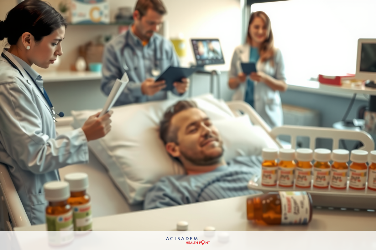 In a well-lit hospital room, medical professionals are attending to a patient lying on a bed. There is a bottle of medicine and various papers on the table beside the bed, indicating an ongoing medical treatment or consultation. The focus is on providing care in this clinical environment.