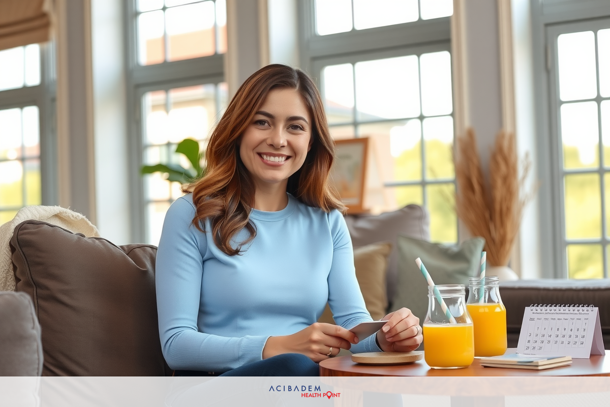 A woman in a blue top is seated at a table, holding a papers or business card. She is smiling and appears to be engaged in an interview or casual conversation. The setting is an indoor room with natural light coming from windows and the ambiance suggests a comfortable and professional environment.