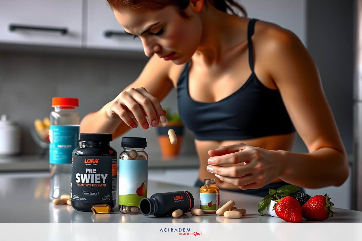 A woman in a black sports bra is organizing various bottles of supplements on the counter, with strawberries and an apple nearby. The scene suggests she's preparing for her daily dietary intake or routine.