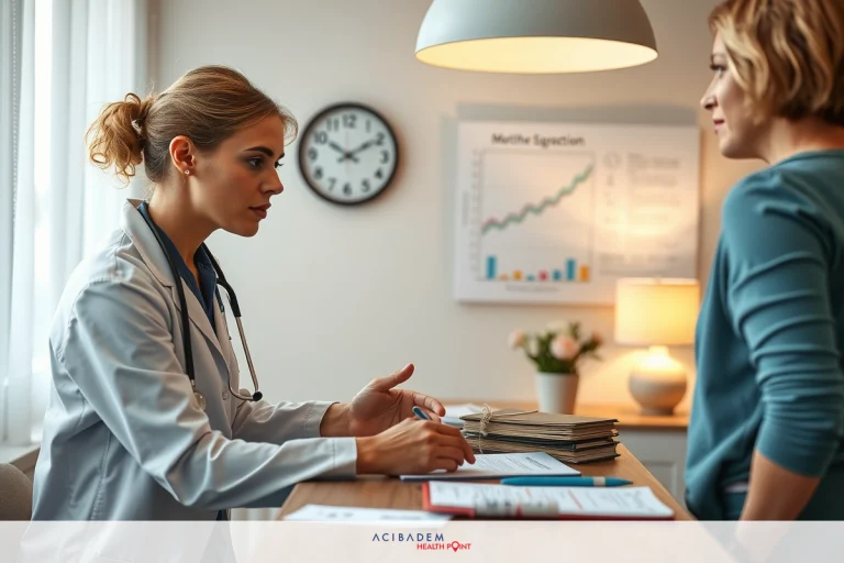 In a modern, well-lit room, a female doctor in professional attire is engaged in conversation with a patient. The physician is standing near the desk where medical records are open. The setting suggests an office environment with clinical documents and health-related information displayed on the wall.