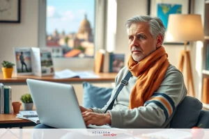 A man seated at a desk, working on his laptop. He is wearing casual attire and appears to be deeply focused on his tasks. The room has a modern, comfortable feel with natural light streaming in from the windows.