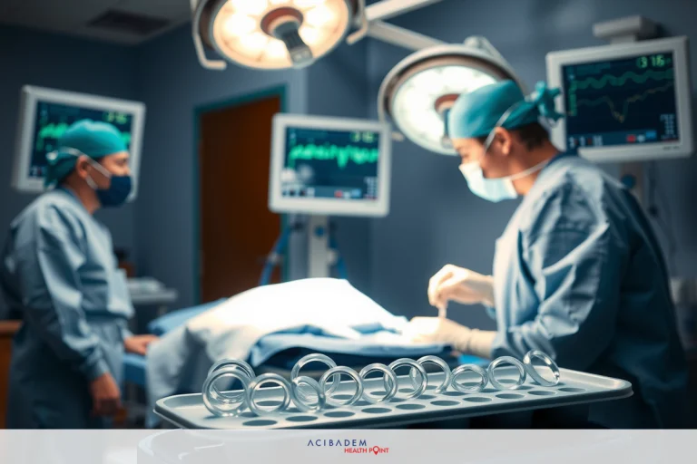 Medical professionals wearing surgical attire performing a medical procedure in an operating room. Two surgeons, one seated at the head of the table and another standing behind, are focused on their patient. Surrounding them are various medical devices such as monitors, ventilators, and other equipment indicative of a well-equipped hospital setting.