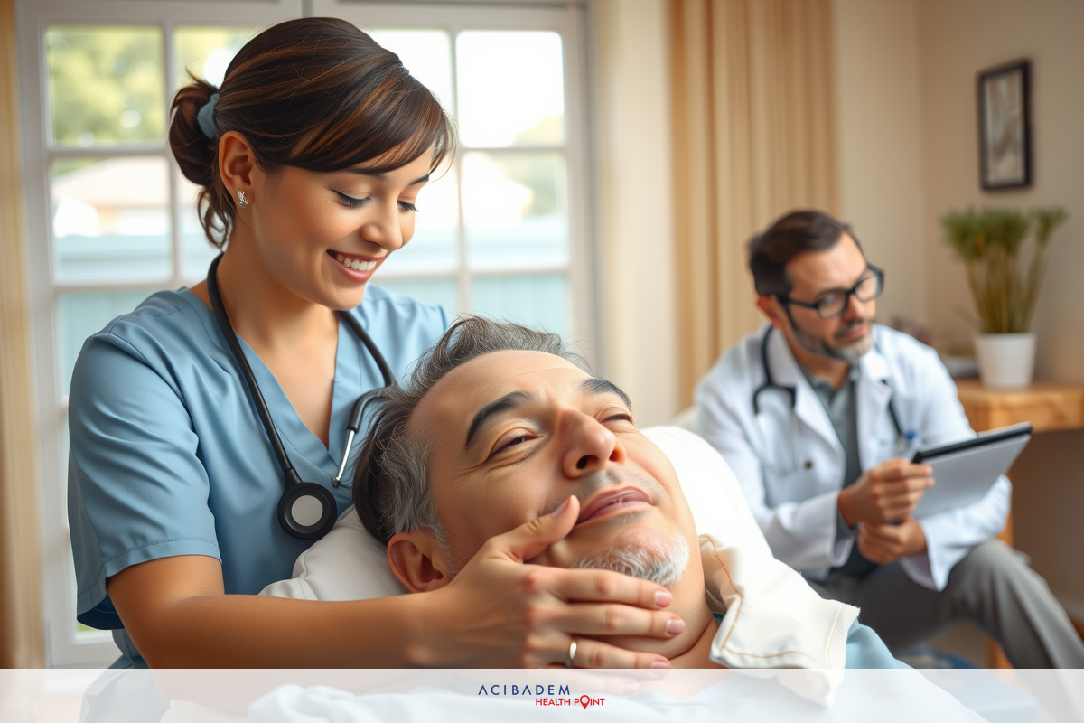 This image depicts a professional medical setting where a doctor and a nurse are attending to a patient who appears relaxed, lying on his back with his head resting on a massage table. The doctor is seated at the side, using a tablet or book for reference while monitoring the patient's condition. Both healthcare professionals wear typical clinical attire and display professional demeanor.