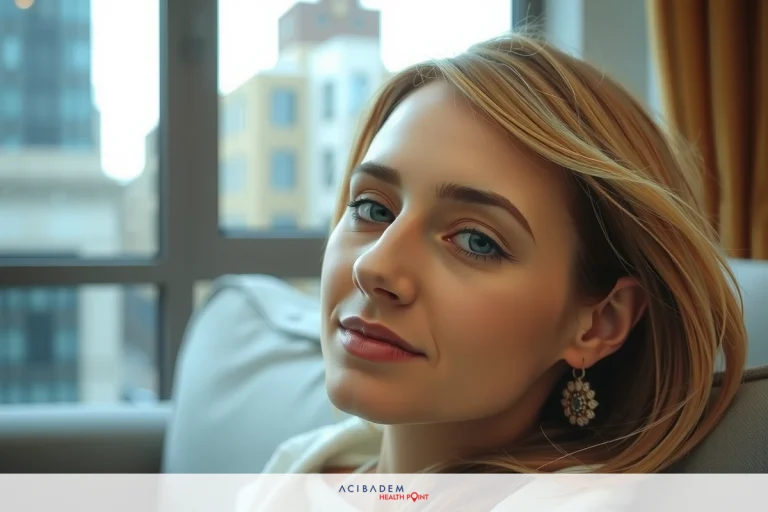 A woman with blonde hair is seated on a gray couch. She is wearing a white top and has light makeup. Her expression is neutral as she looks to the side, possibly at someone or something off-camera.