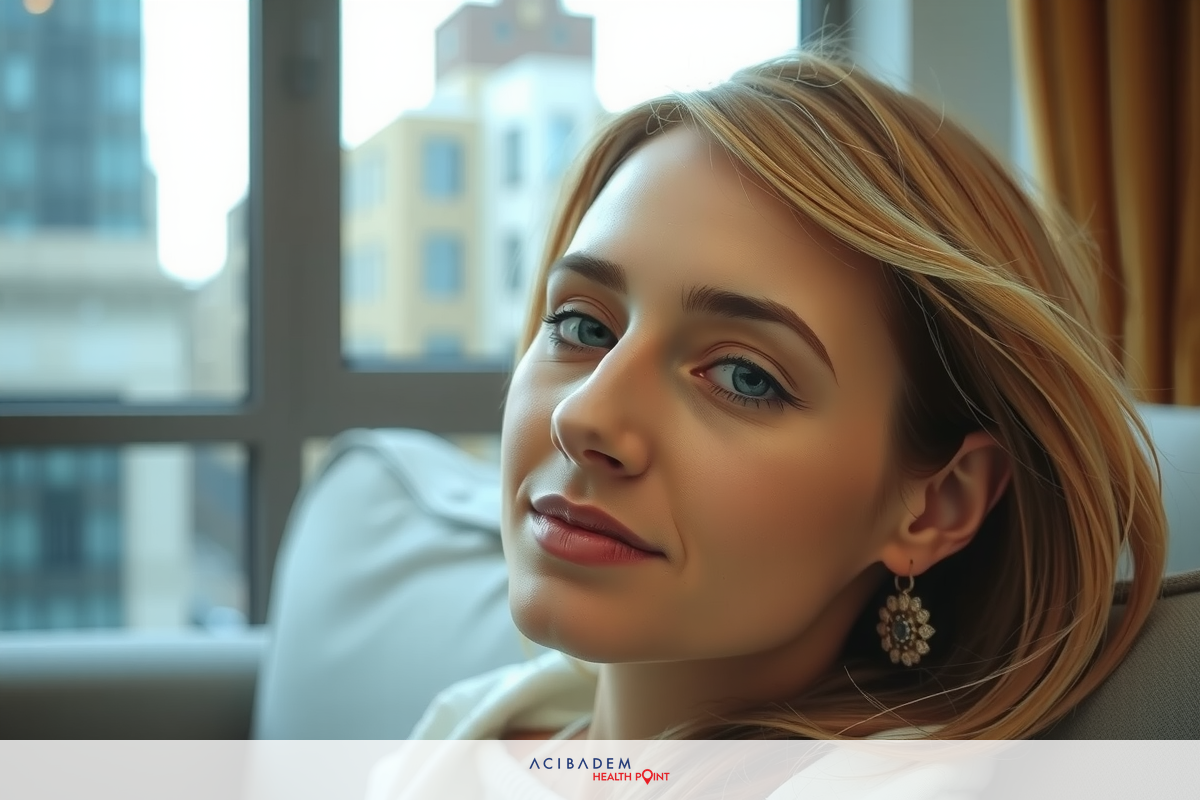 A woman with blonde hair is seated on a gray couch. She is wearing a white top and has light makeup. Her expression is neutral as she looks to the side, possibly at someone or something off-camera.