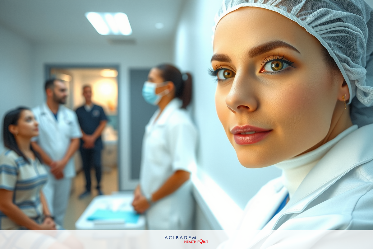 A medical scene with a female doctor standing among other hospital staff, all wearing surgical masks and scrubs. The focus is on the central character, an attractive young woman in a white lab coat, who appears to be leading or participating in a meeting or discussion.
