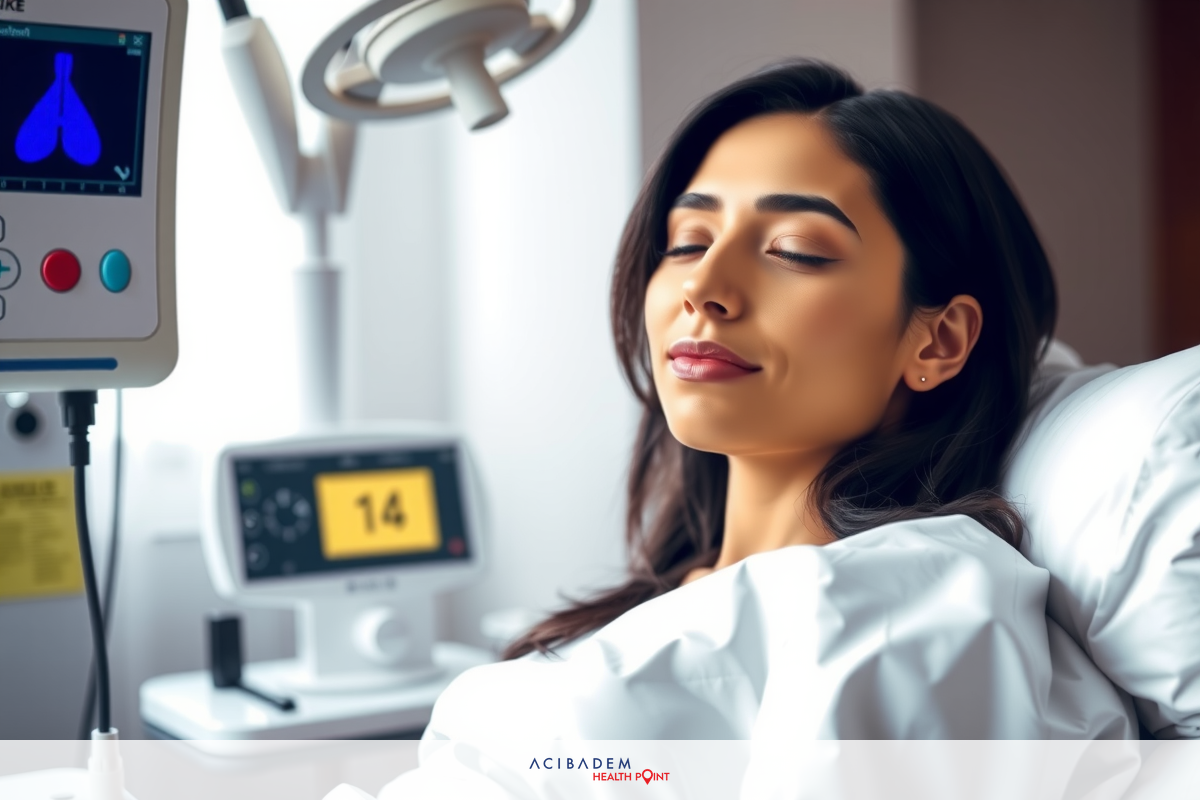 The image depicts a woman lying in a hospital bed with her eyes closed, appearing to be at peace or sleeping. She has dark hair and is wearing a white hospital gown. Medical equipment such as an IV drip and a heart rate monitor are visible around her. The room suggests a clinical environment typically found in a healthcare facility.