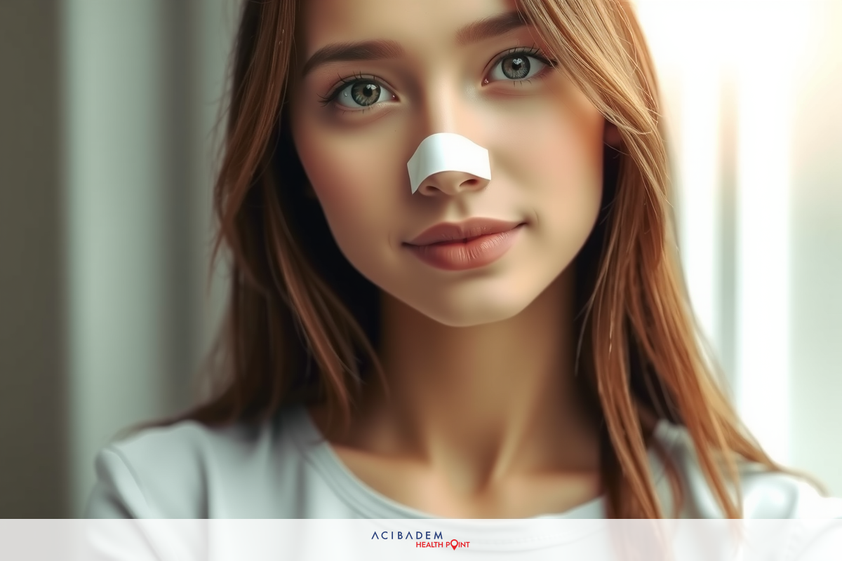 The image shows a young woman with fair skin, light brown hair and blue eyes. She has a neutral expression on her face. There is a noticeable nasal congestion strip or bandage placed on her nose. Her attire consists of a white top. The background is softly focused, likely suggesting an indoor setting. The image appears to be high-resolution with vibrant colors.