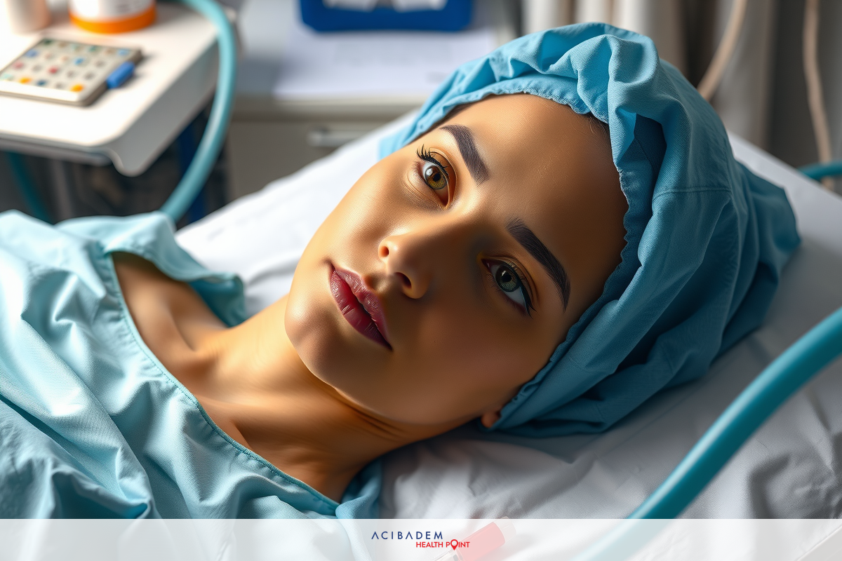 The image shows a woman lying on a hospital bed. Her face appears calm and she is looking directly at the camera. The environment suggests a medical setting with clinical equipment visible in the background.