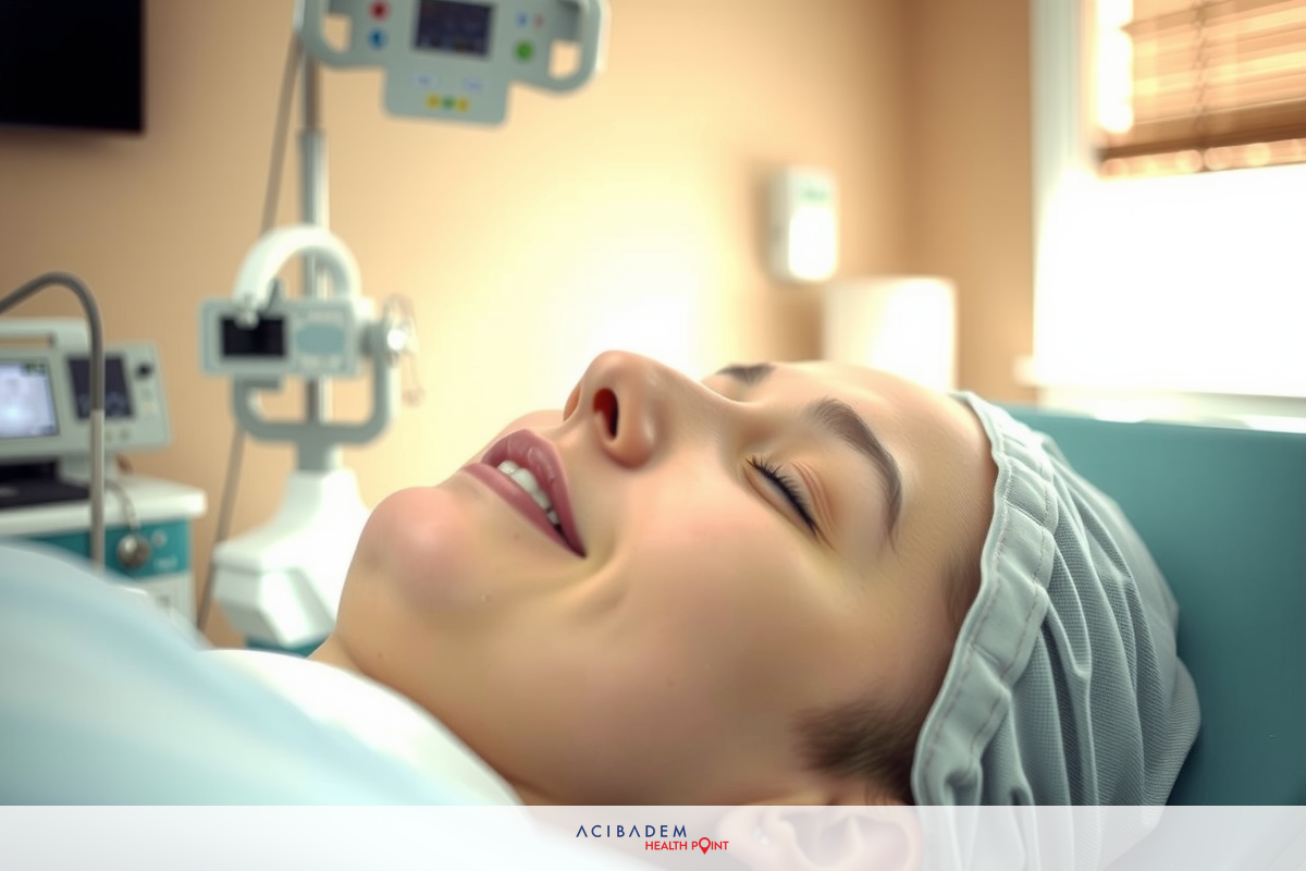 A person lying in what appears to be a hospital bed. The individual is wearing a surgical headband. They appear to be in the midst of medical treatment or recovery, as suggested by their facial expression and the medical environment around them.