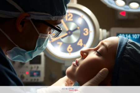 The image shows a medical setting with a surgeon in the operating room. One surgeon is wearing a surgical mask and examining the face of another patient who is under anesthesia, lying down on a hospital bed. The environment suggests a sterile, clinical atmosphere indicative of a medical procedure being performed.