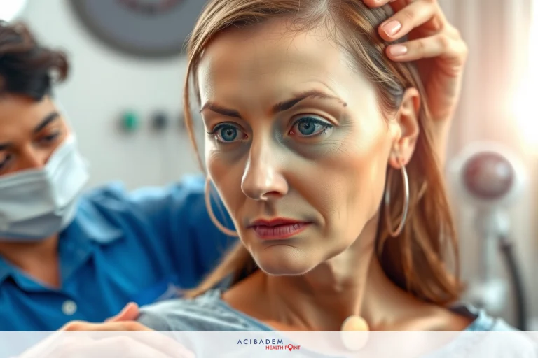 A medical professional is examining a patient in an office setting. The focus of the image appears to be on the health of the individual's skin, with close-up shots of the face and hands indicating care for skin conditions or treatments.