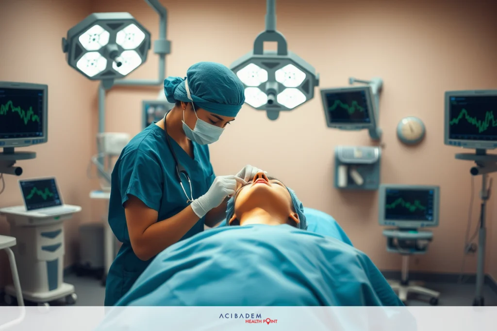 Do You Have to Remove Nose Piercing for Surgery? The image shows a medical setting with a person on an operating table and another person, presumably a surgeon or anesthesiologist, wearing surgical attire. The environment suggests a sterile, controlled atmosphere typical of a hospital operating room. There is medical equipment such as monitors and IV stands visible in the background. The focus of the image appears to be on the medical procedure being performed.