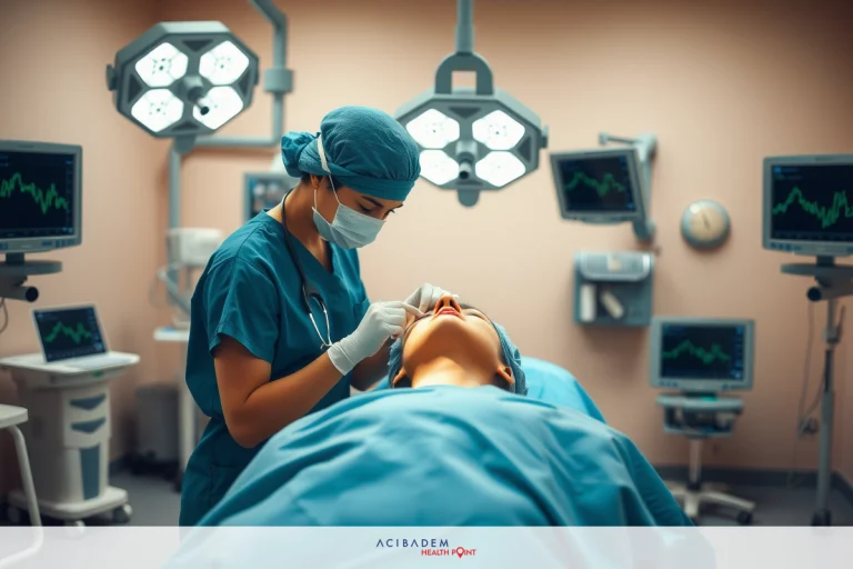 The image shows a medical setting with a person on an operating table and another person, presumably a surgeon or anesthesiologist, wearing surgical attire. The environment suggests a sterile, controlled atmosphere typical of a hospital operating room. There is medical equipment such as monitors and IV stands visible in the background. The focus of the image appears to be on the medical procedure being performed.