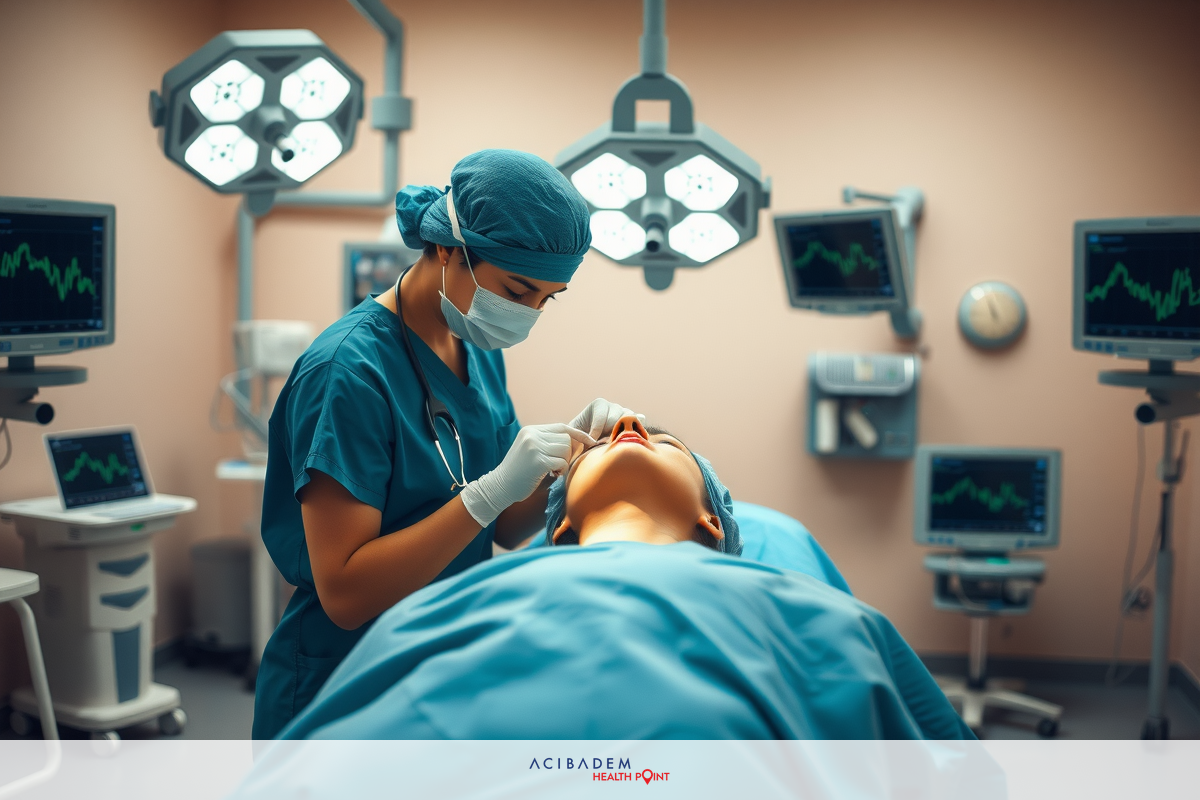 The image shows a medical setting with a person on an operating table and another person, presumably a surgeon or anesthesiologist, wearing surgical attire. The environment suggests a sterile, controlled atmosphere typical of a hospital operating room. There is medical equipment such as monitors and IV stands visible in the background. The focus of the image appears to be on the medical procedure being performed.