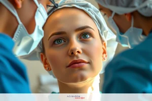 Surgeon in sterile environment operating on patient wearing surgical mask, gloves and cap.