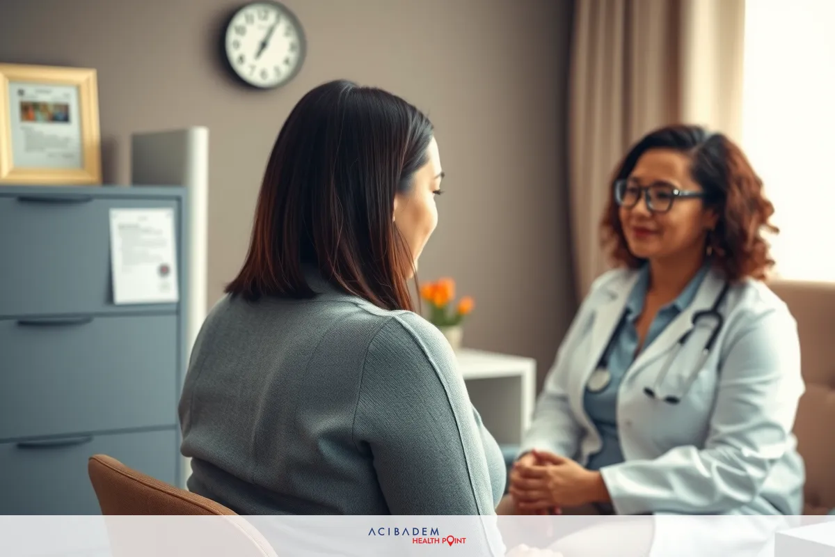 Professional office setting with two women engaged in conversation. The woman on the left is wearing a suit, seated at a desk with a computer monitor and keyboard visible. Her counterpart, on the right, is dressed in a white lab coat suggesting she might be a doctor or medical professional.