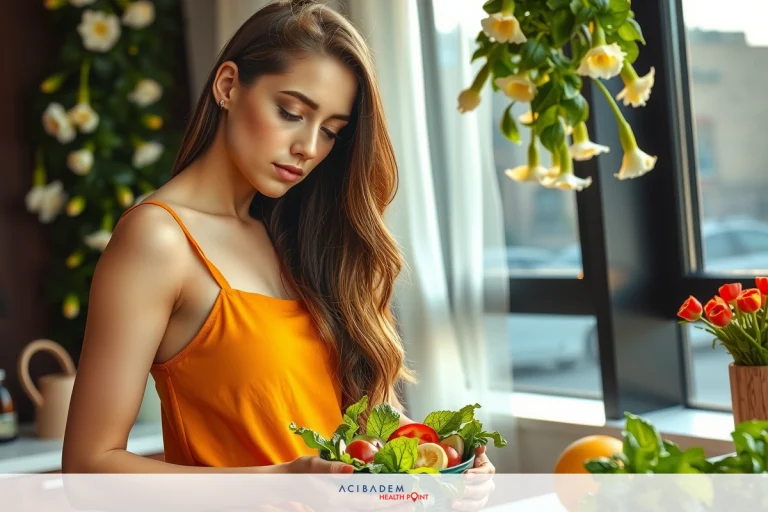 The image shows a young woman preparing food in a kitchen. She is wearing an orange tank top and has long hair. Her hands are holding fresh produce, including leafy greens like spinach or kale.
