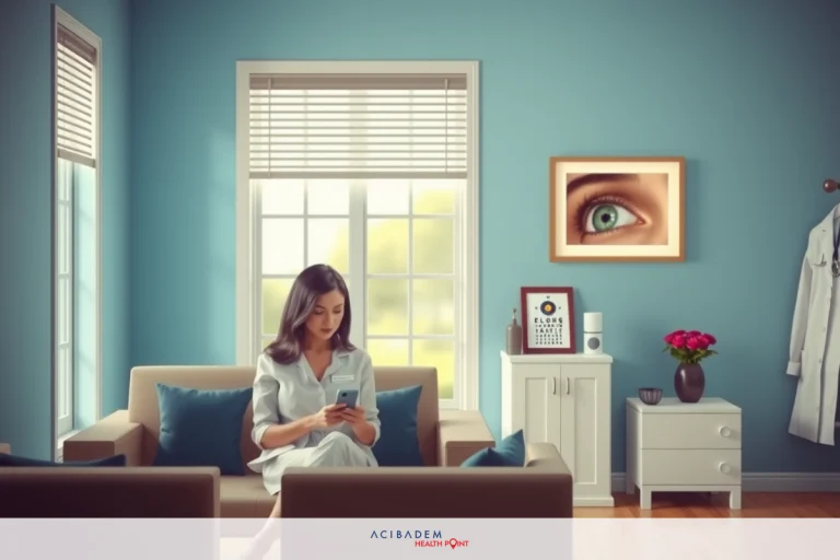 A woman in a white dress is sitting on a couch, looking at her phone. She has long hair and appears to be focused on the device in her hands. The room is well-lit with a calming blue color palette. A painting of an eye hangs on the wall behind her. To the right, there's a white desk with a plant on it. The overall atmosphere is serene and quiet.