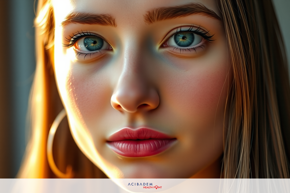 Portrait of a young woman with striking blue eyes. Her gaze is directed at the viewer, and she has subtle makeup. The lighting suggests it's either sunset or sunrise, casting a warm glow on her face.