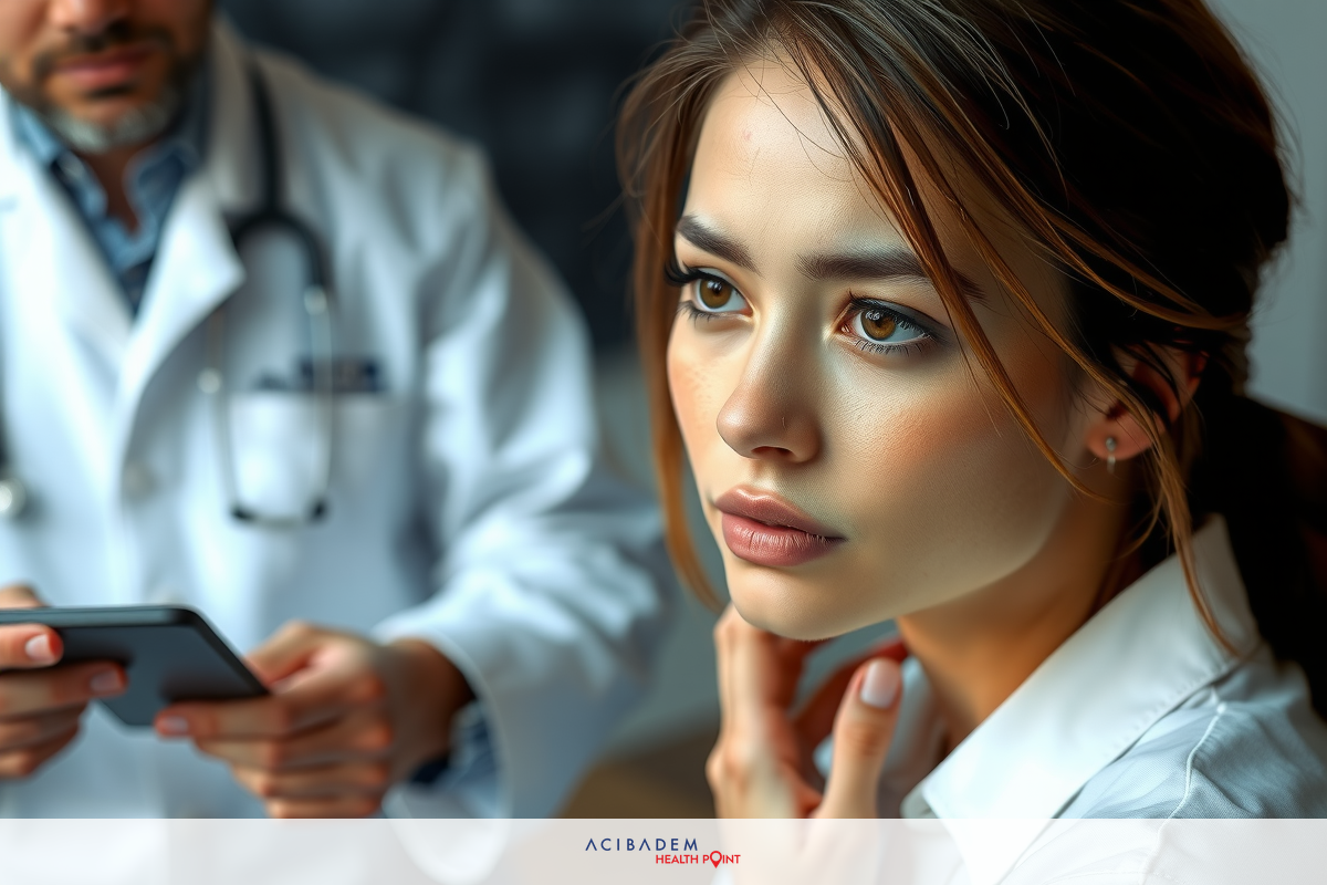 A woman seated, looking at a doctor's cellphone while another doctor observes her. She appears to be in a medical office setting with a calm and focused demeanor. The image has a shallow depth of field, focusing on the interaction between the three individuals.