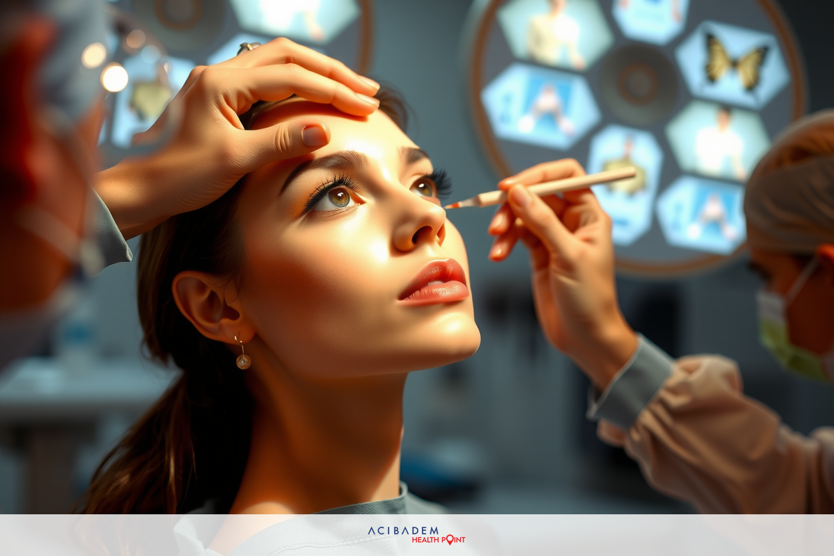 The image shows a cosmetic clinic setting. A professional is working on the face of a woman, applying makeup and performing facial treatments. The environment suggests a clean, sterile atmosphere with proper lighting for precise work on skin.