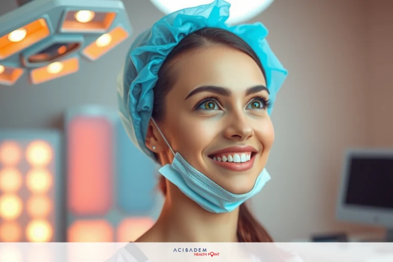 Facial Plastic Surgery Miami Rhinoplasty Smiling woman wearing a surgical mask and cap in an operating room setting, with medical equipment such as monitors and lights in the background.