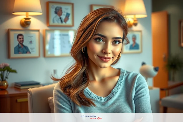 How Do People Get Nose Surgery? A woman with a friendly smile is seated in an office setting. She has long, straight hair and is wearing a blue top. The office environment features framed certificates or photos on the wall behind her.