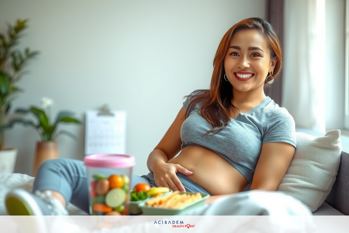 The image features a woman sitting on a bed, smiling and posing for the camera. In front of her is a plate with what seems to be vegetables and a some crackers. The room has a cozy ambiance with soft lighting and comfortable furnishings.