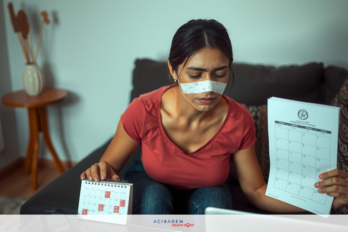 A woman in a red top sits on a couch, appearing concerned as she looks at calendars and papers, possibly dealing with time management or scheduling tasks. The room is simple and modern with a laptop nearby.