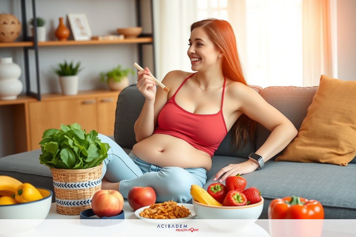 A woman sitting on a couch with various fruits and vegetables around her, smiling while holding a piece of fruit in her hand. The setting appears to be a cozy living room with homey decor, highlighting the focus on healthy eating.