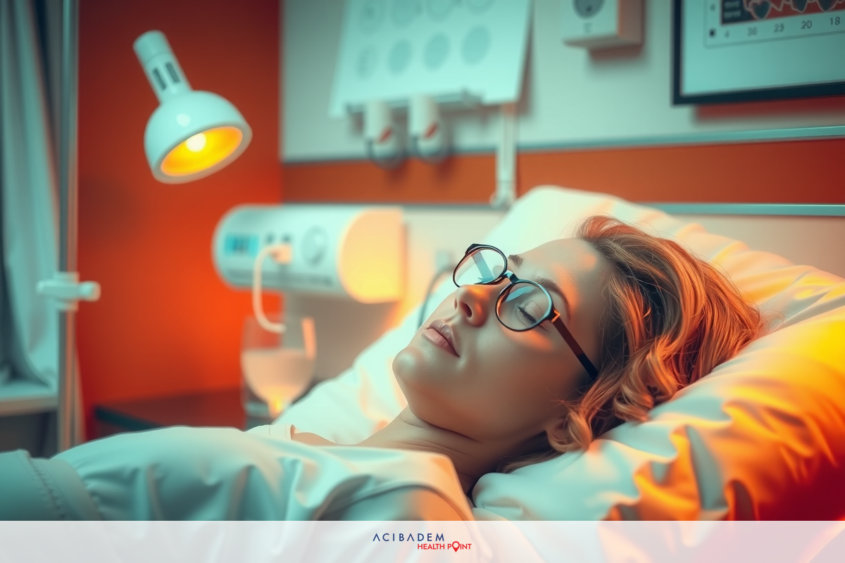 Medical scene. Young woman lying on a hospital bed with various medical equipment around her, suggesting she may be receiving treatment or being observed in an intensive care setting.