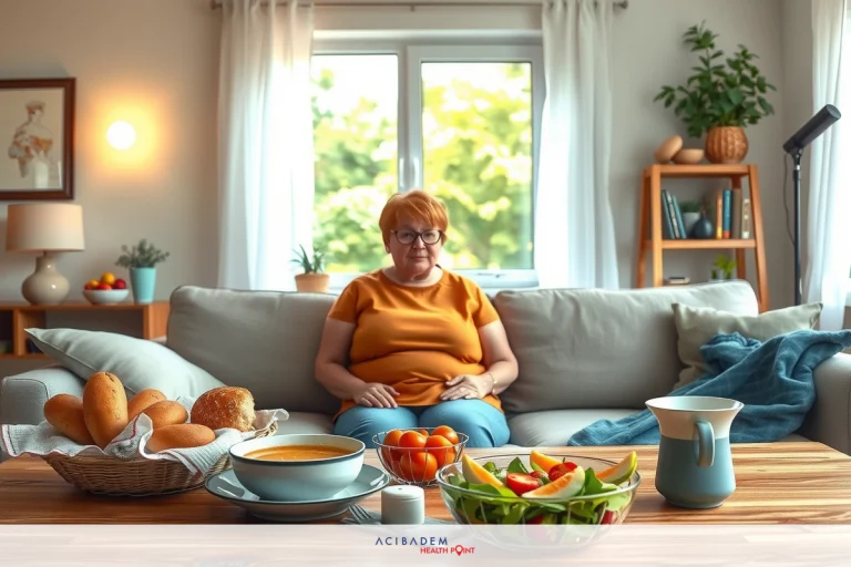 The image shows a woman sitting comfortably on a couch in a living room setting. She is wearing an orange top and has her hands crossed in front of her. There is a bookcase in the back, and it contains various items such as potted plants and a dining table with food and drinks.