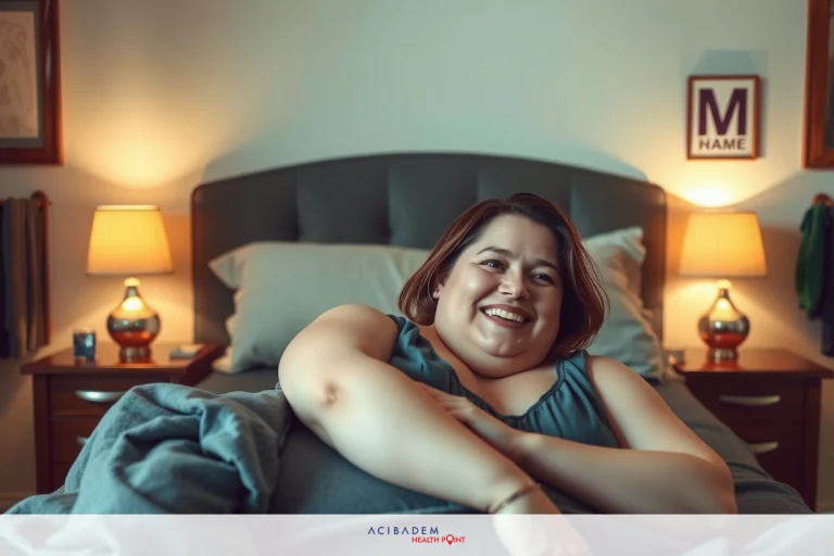 In the image, there is a woman lying in bed. She has short hair and is smiling at the camera. The room appears to be in a hotel setting with soft lighting. The bed has neatly arranged pillows on top of it.