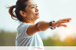 The image features a woman outdoors, possibly during sunrise or sunset given the warm light. She is dressed in athletic attire and appears to be engaged in an exercise or stretching routine with one arm extended upwards. Her posture and expression suggest she might be focusing on her breathing or performing some form of yoga or meditation.