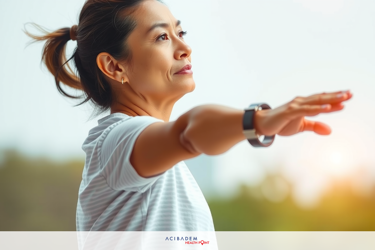 The image features a woman outdoors, possibly during sunrise or sunset given the warm light. She is dressed in athletic attire and appears to be engaged in an exercise or stretching routine with one arm extended upwards. Her posture and expression suggest she might be focusing on her breathing or performing some form of yoga or meditation.
