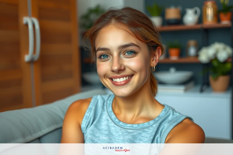 The image shows a woman sitting on a couch in what appears to be a cozy, domestic setting. She is smiling and looking directly at the camera. The room has warm tones with wooden elements, suggesting a comfortable living space.