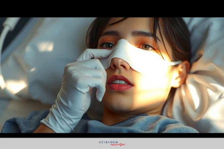 How Long After Nose Surgery Can I Smoke? The image depicts a person lying on a bed, wearing gloves and having their eyes opened. The scene suggests a medical or healthcare context.