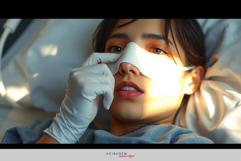 The image depicts a person lying on a bed, wearing gloves and having their eyes opened. The scene suggests a medical or healthcare context.