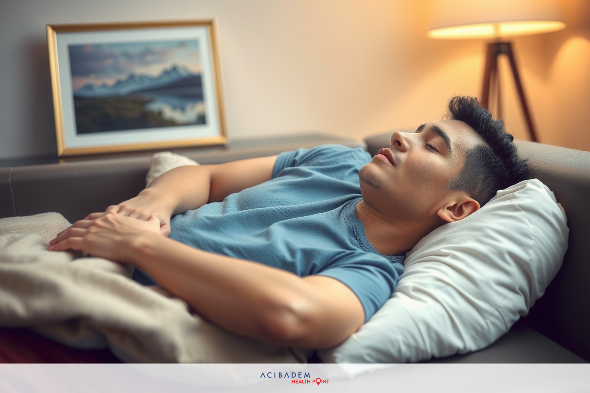 The image depicts a young man lying in bed, looking thoughtful or sad. He is dressed casually in a t-shirt and appears to be resting with his hands clasped together. The room has soft lighting, possibly from a lamp or diffused window light, creating a serene and relaxed atmosphere.