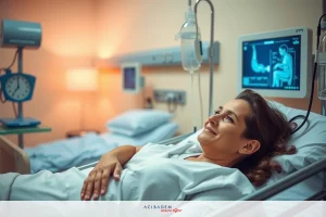 Hospital setting with a woman laying on a bed. She appears to be overweight, given the context and her posture. The environment suggests a clinical and sterile space with medical equipment nearby.