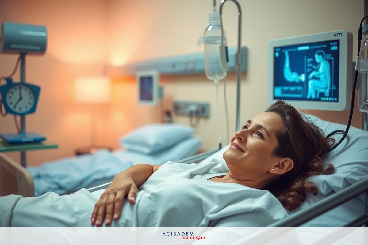 Hospital setting with a woman laying on a bed. She appears to be overweight, given the context and her posture. The environment suggests a clinical and sterile space with medical equipment nearby.