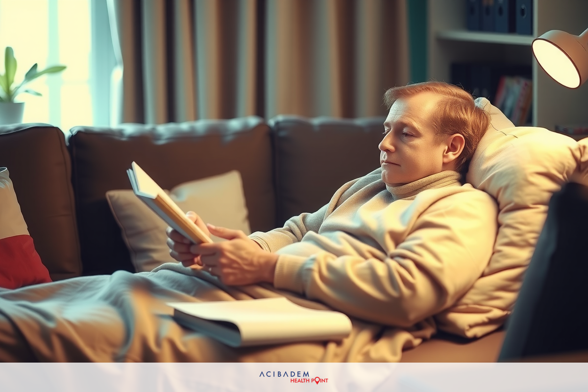 The image depicts a cozy indoor setting, featuring a man comfortably settled on a couch. He is engrossed in reading a book while resting against some pillows. The room has warm lighting, and there are soft colors that contribute to the relaxed atmosphere of the scene.